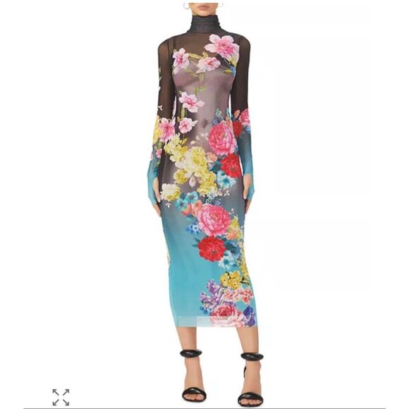 AFRM Dresses & Skirts - AFRM Black Aqua Rose Nude Floral Mesh Turtleneck Shailene Maxi Dress Size Small